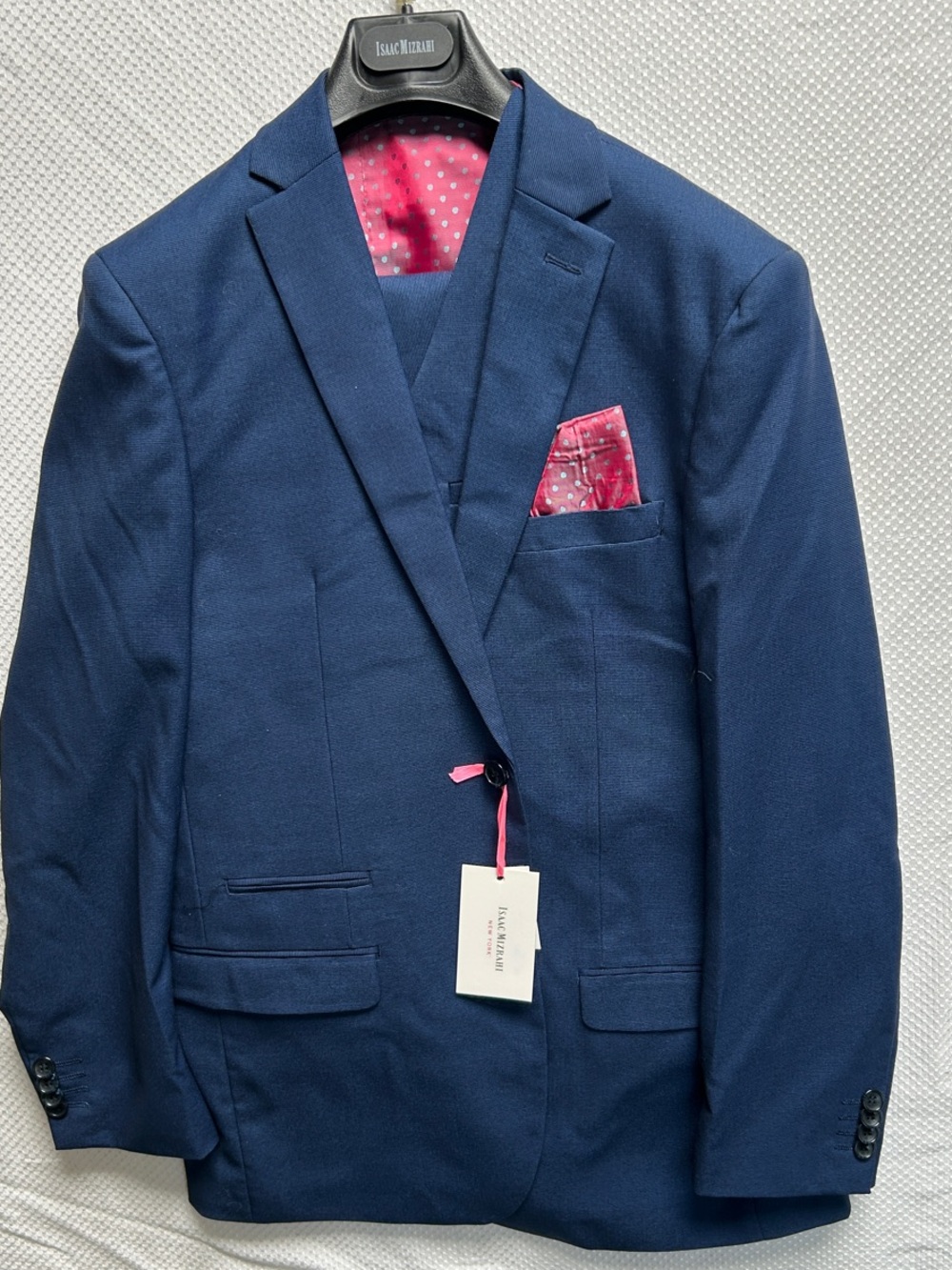 Boy’s 2 button Navy Birdseye 3 piece suit by Isaac Mizrahi. Size 20. NWT